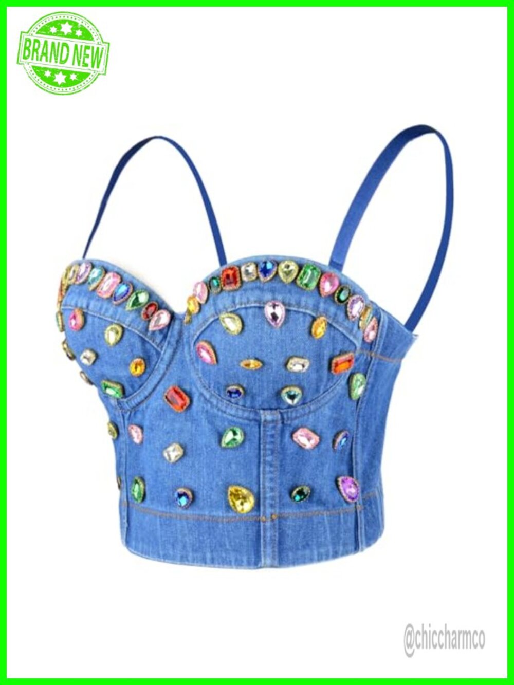 Diamond Denim Bustier Crop Top Corset Bra Gemstone Sweetheart